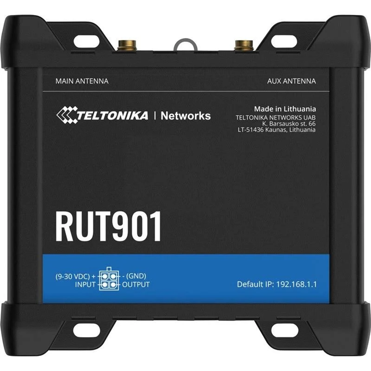Zwarte Teltonika RUT901 router. Het heeft antennes, poorten en labels met specificaties.