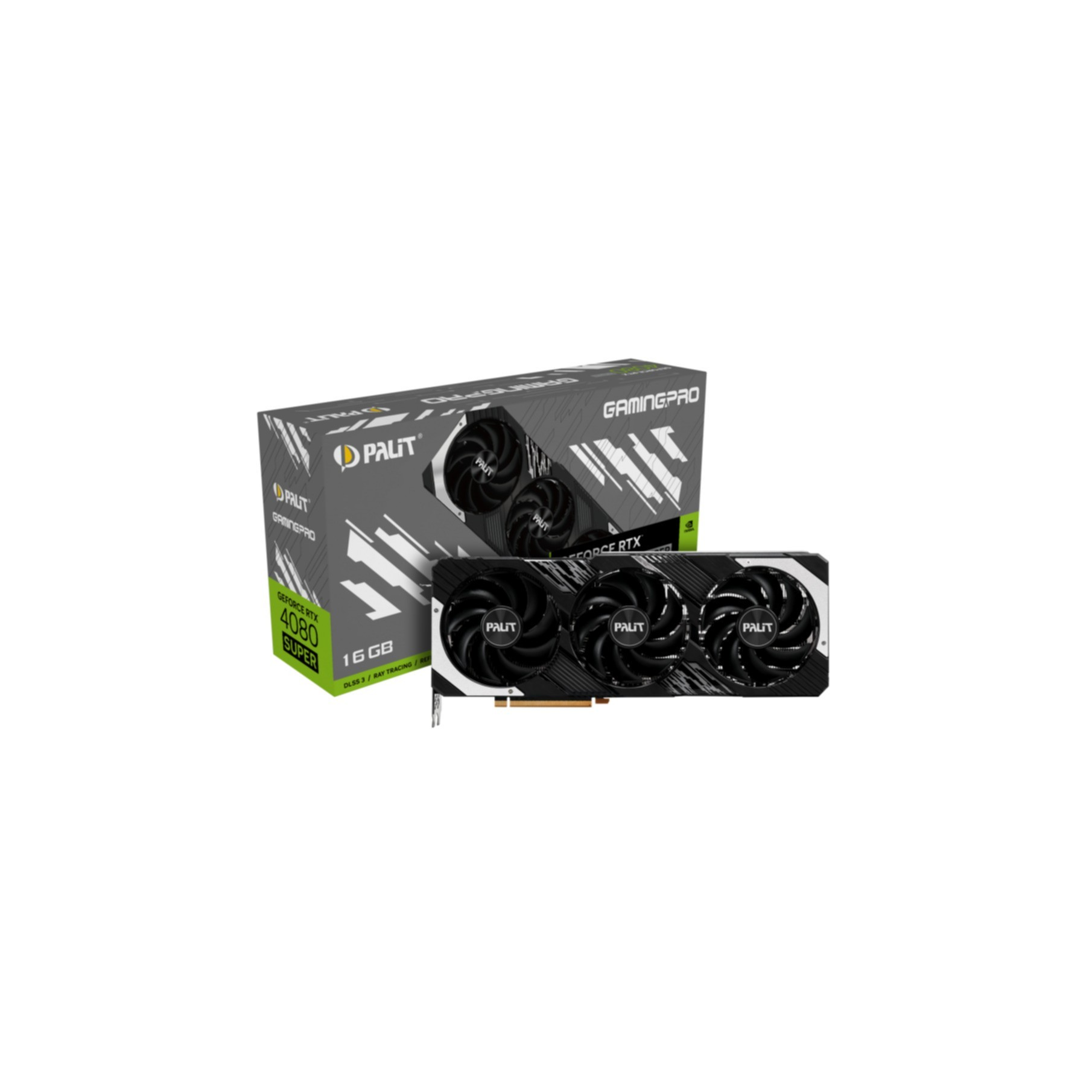 Scatola scheda grafica: Palit, RTX 4080 Super, bianca, nera e grigia. Scheda: Nera, tre ventole.