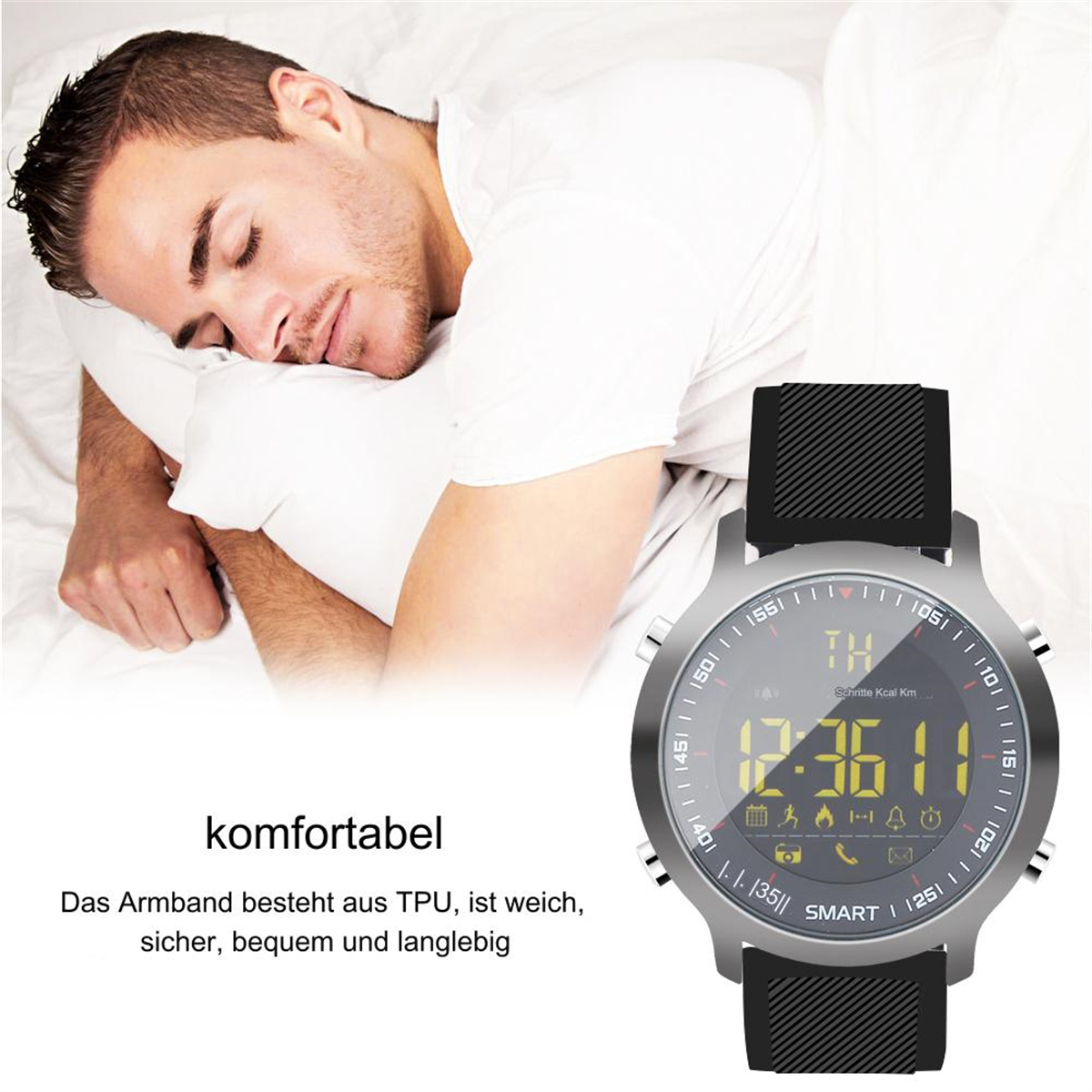 Mann schläft neben einer Smartwatch. Die Uhr zeigt Zeit und andere Gesundheitsmetriken an.