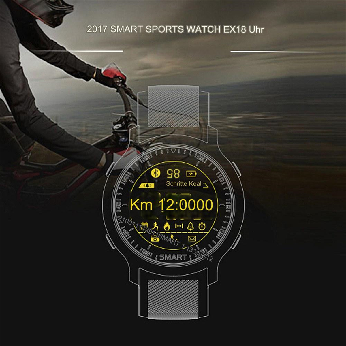 Eine Smartwatch mit digitaler Oberfläche am Handgelenk eines Radfahrers.