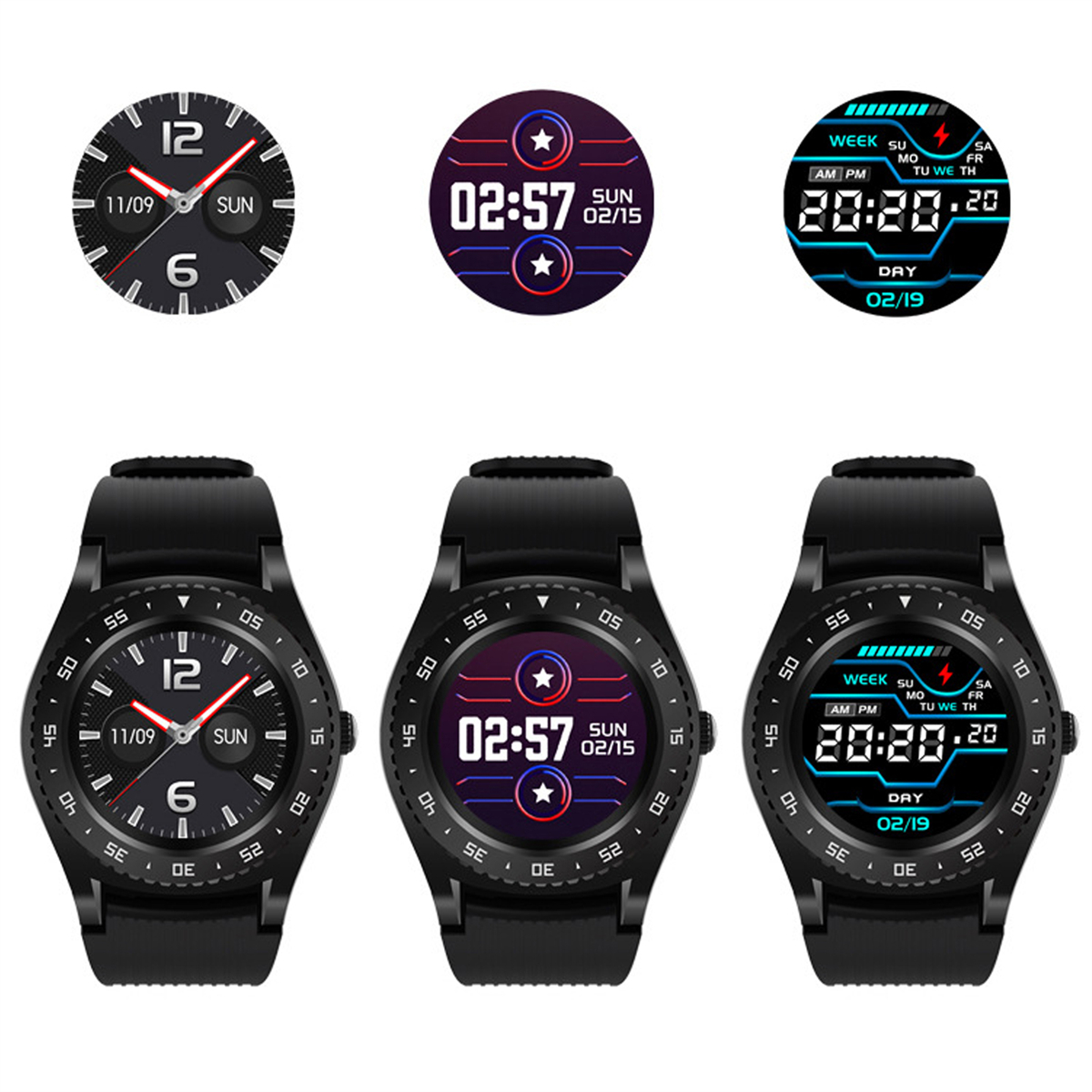 Drei Smartwatches mit verschiedenen Zifferblättern. Schwarz, kreisförmig, mit digitaler Anzeige.