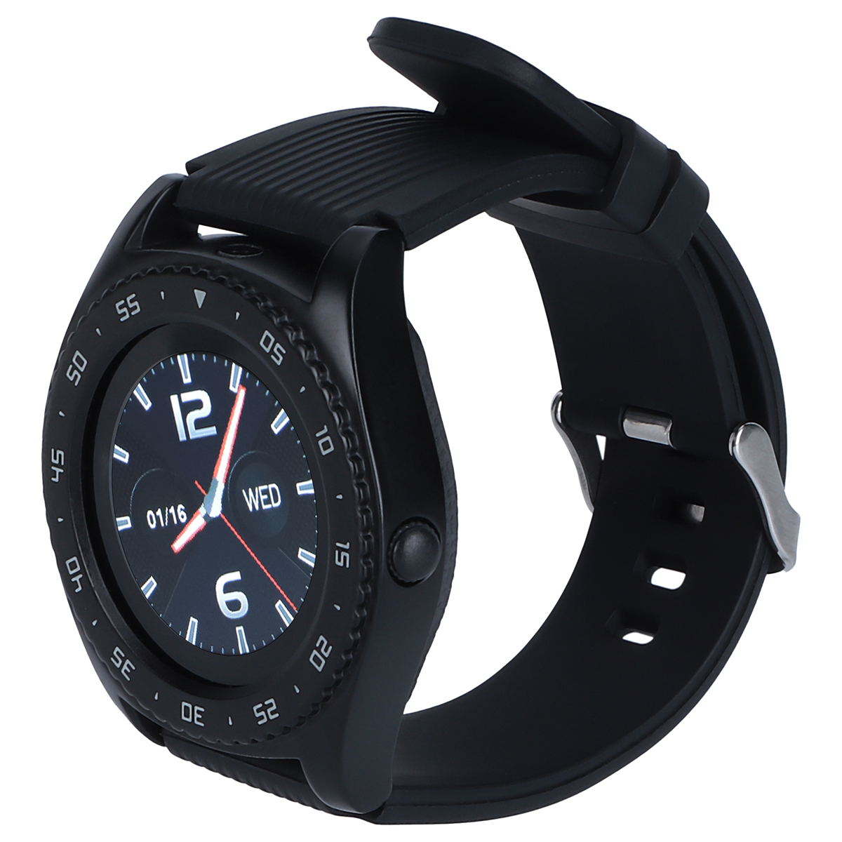 Schwarze Smartwatch mit schwarzem Armband, zeigt Uhrzeit und Datum, mit silberner Schließe.