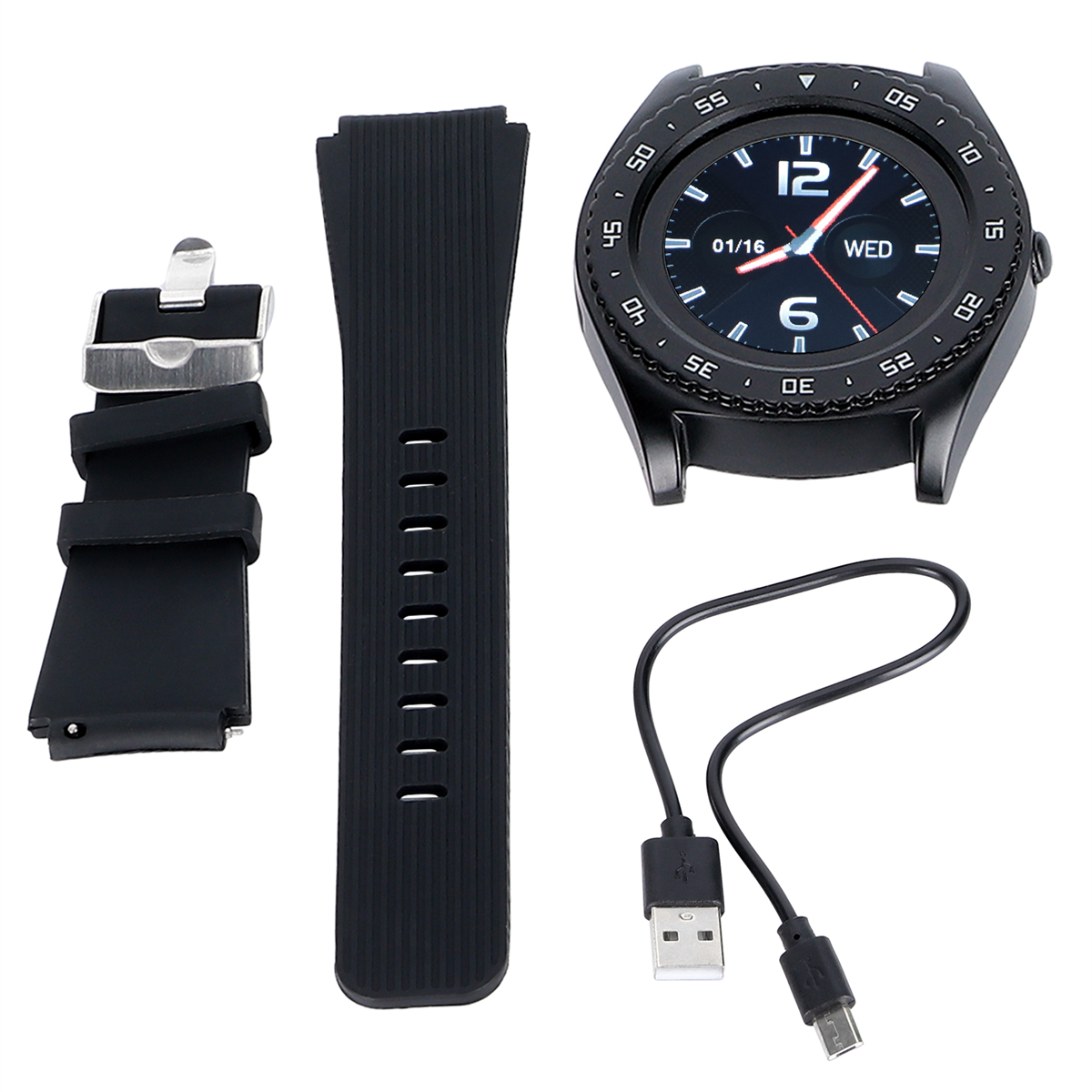 Eine Smartwatch mit schwarzem Armband, Ladekabel und einem separaten Bandstück.