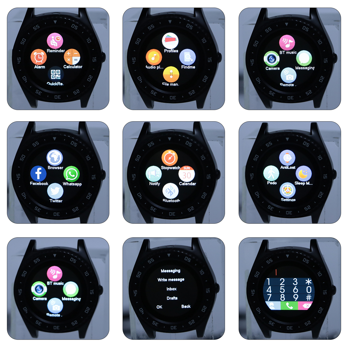 Smartwatch, das verschiedene App-Bildschirme anzeigt.