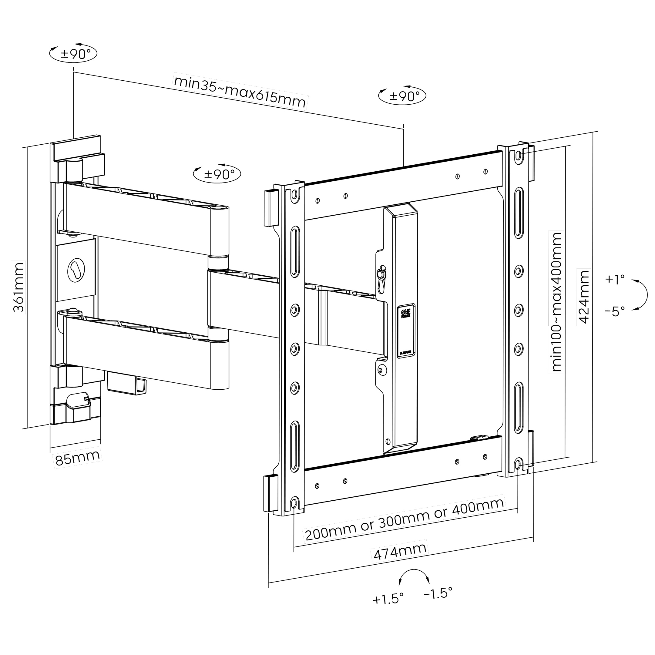 Diagram of a TV mount with measurements. Black and white line drawing.