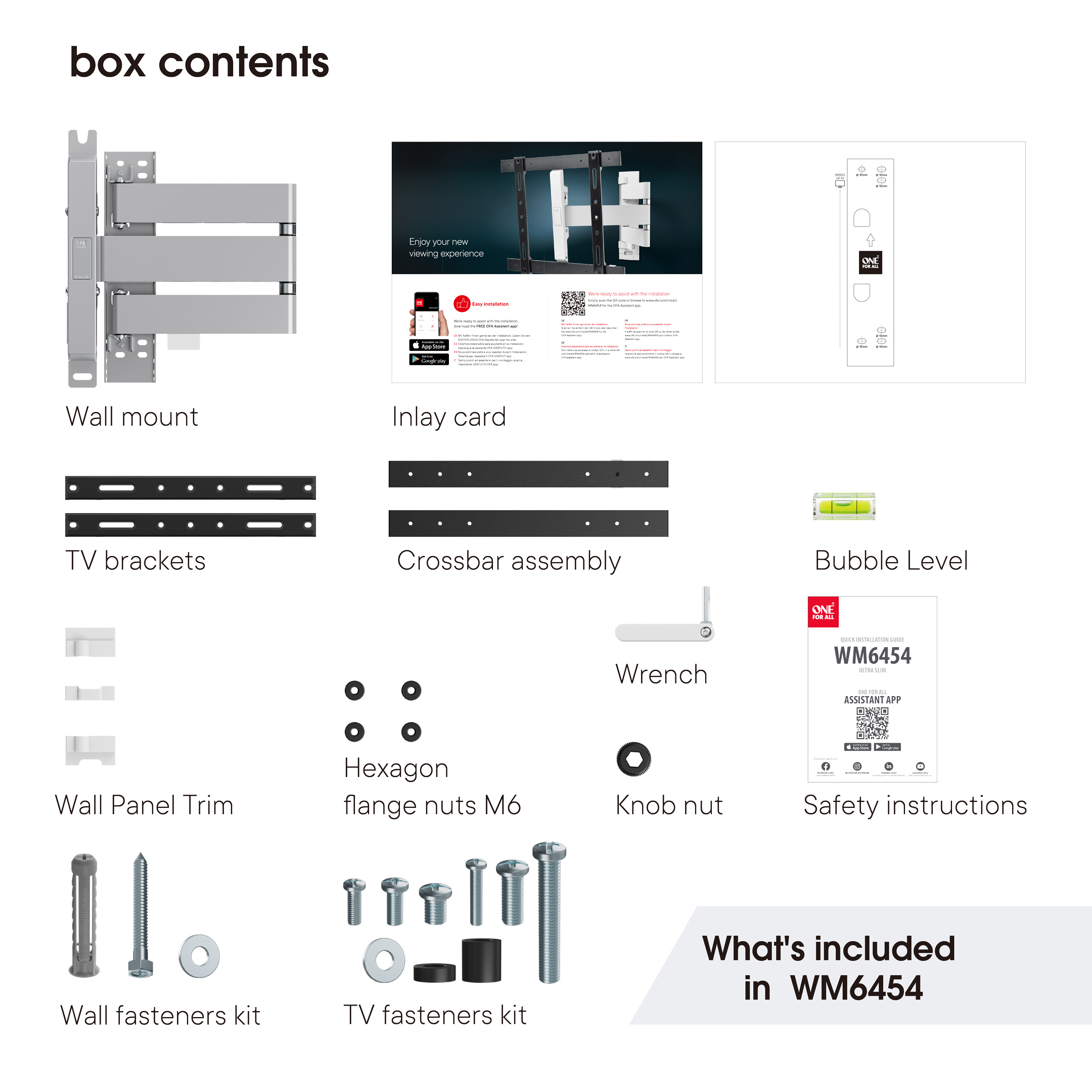 Box contents image with wall mount, brackets, hexagon nuts, and other accessories.