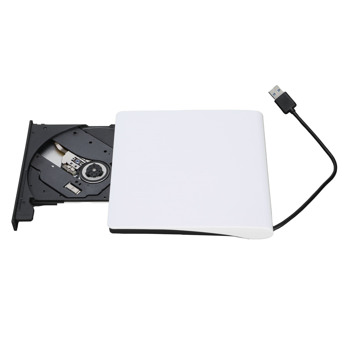 Weißes externes CD/DVD-Laufwerk mit angeschlossenem schwarzem USB-Kabel. Laufwerk ist offen.