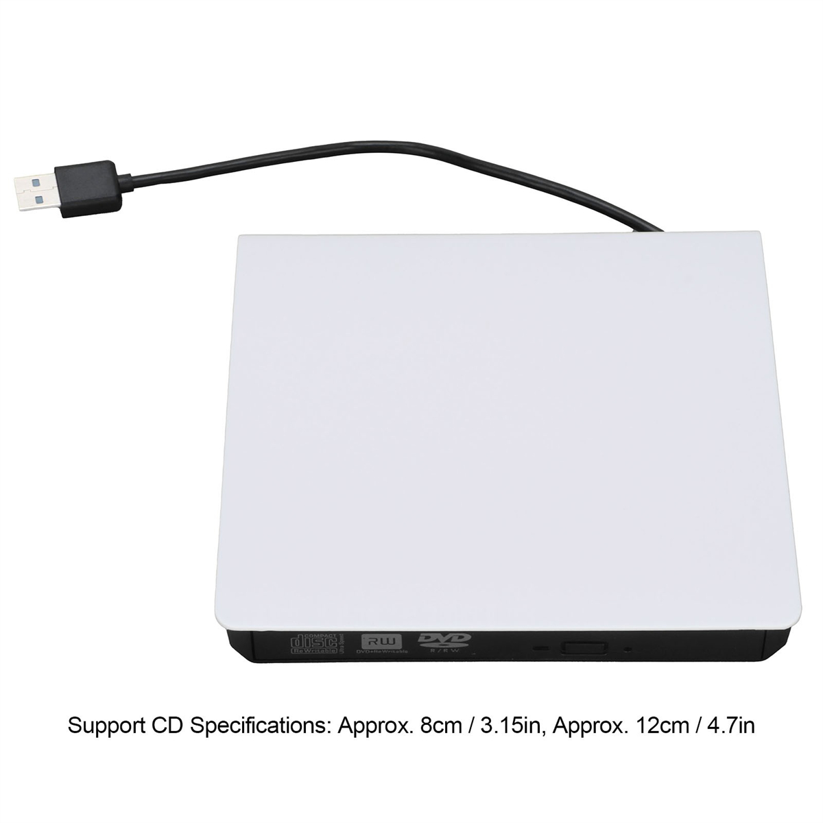 Ein weißes externes CD/DVD-Laufwerk mit USB-Kabel, mit Text, der die Unterstützung für 8cm und 12cm Discs angibt.