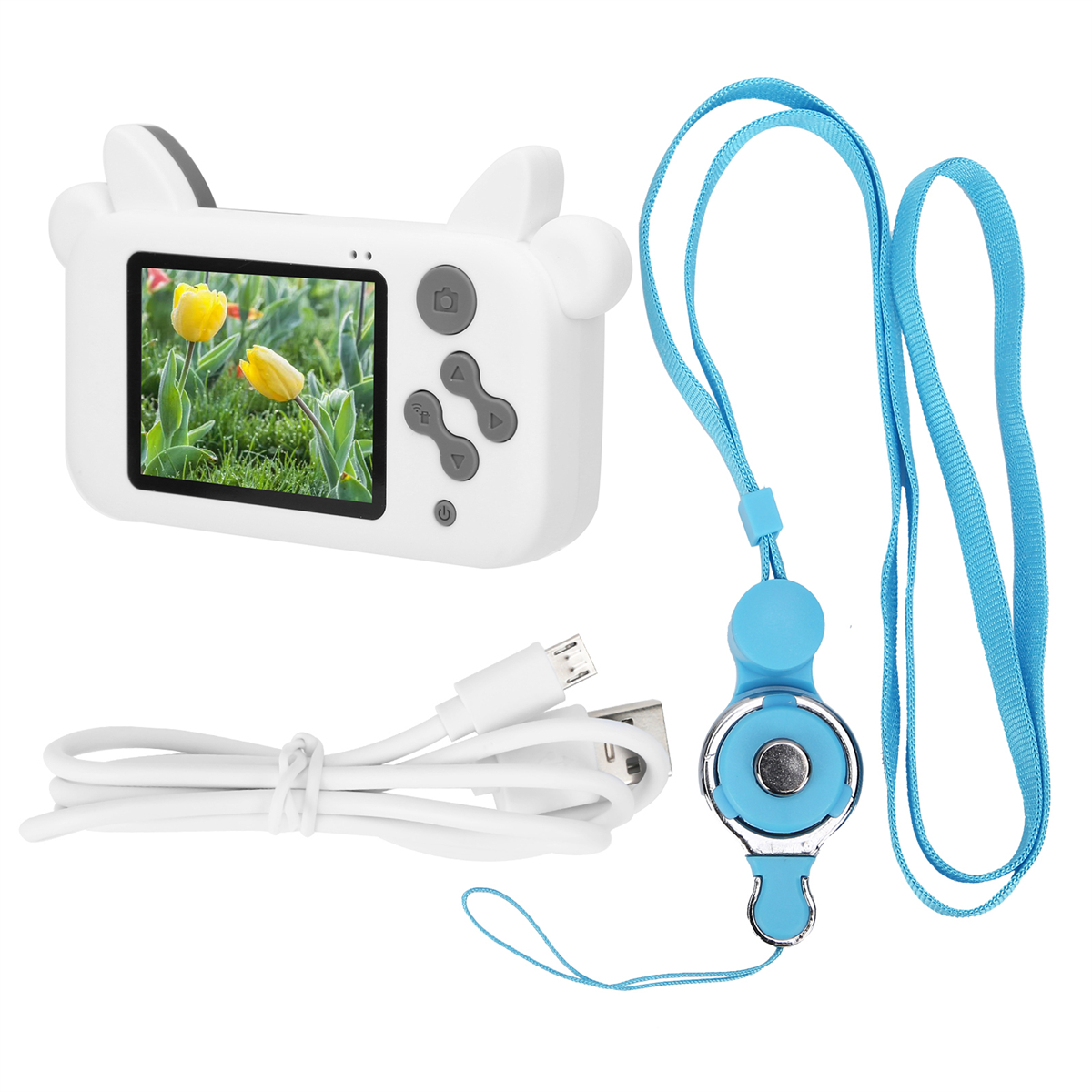 Weiße Kamera mit Bärenohren. Blauer Gurt und ein USB-Kabel. Zeigt ein Bild.
