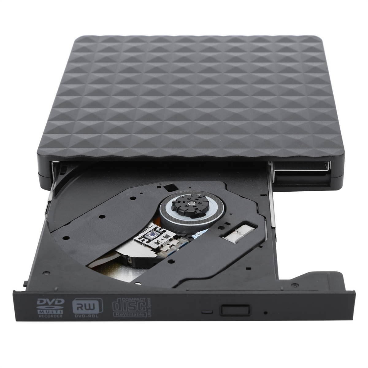 Schwarzer DVD-Player mit offenem Fach, zeigt interne Komponenten. Die Oberseite ist strukturiert.