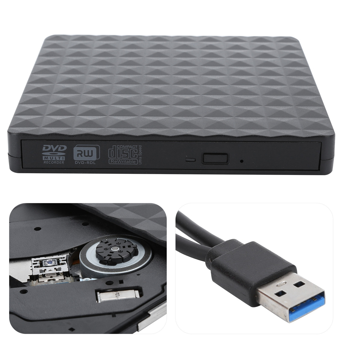 Schwarzer DVD-Player mit strukturierter Oberfläche und USB-Kabel. Zeigt das Disc-Fach und das USB-Kabel.