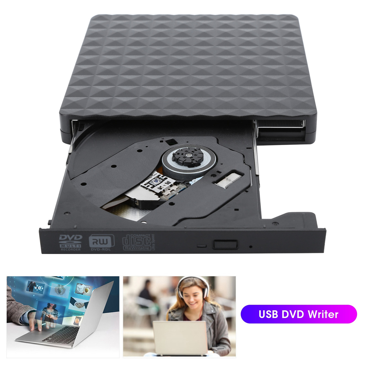 Schwarzer USB-DVD-Brenner mit offenem Fach und Bildern darunter.