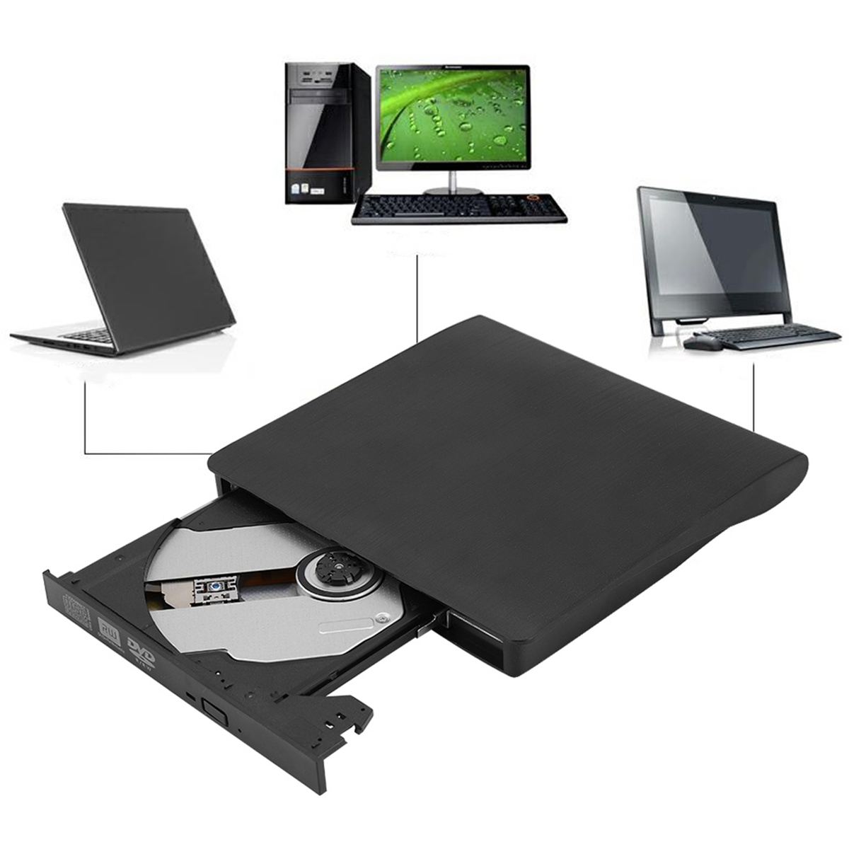 Ein schwarzes externes DVD-Laufwerk ist geöffnet, mit einer CD darin. Ein Laptop, Desktop und Computer sind im Bild gezeigt.
