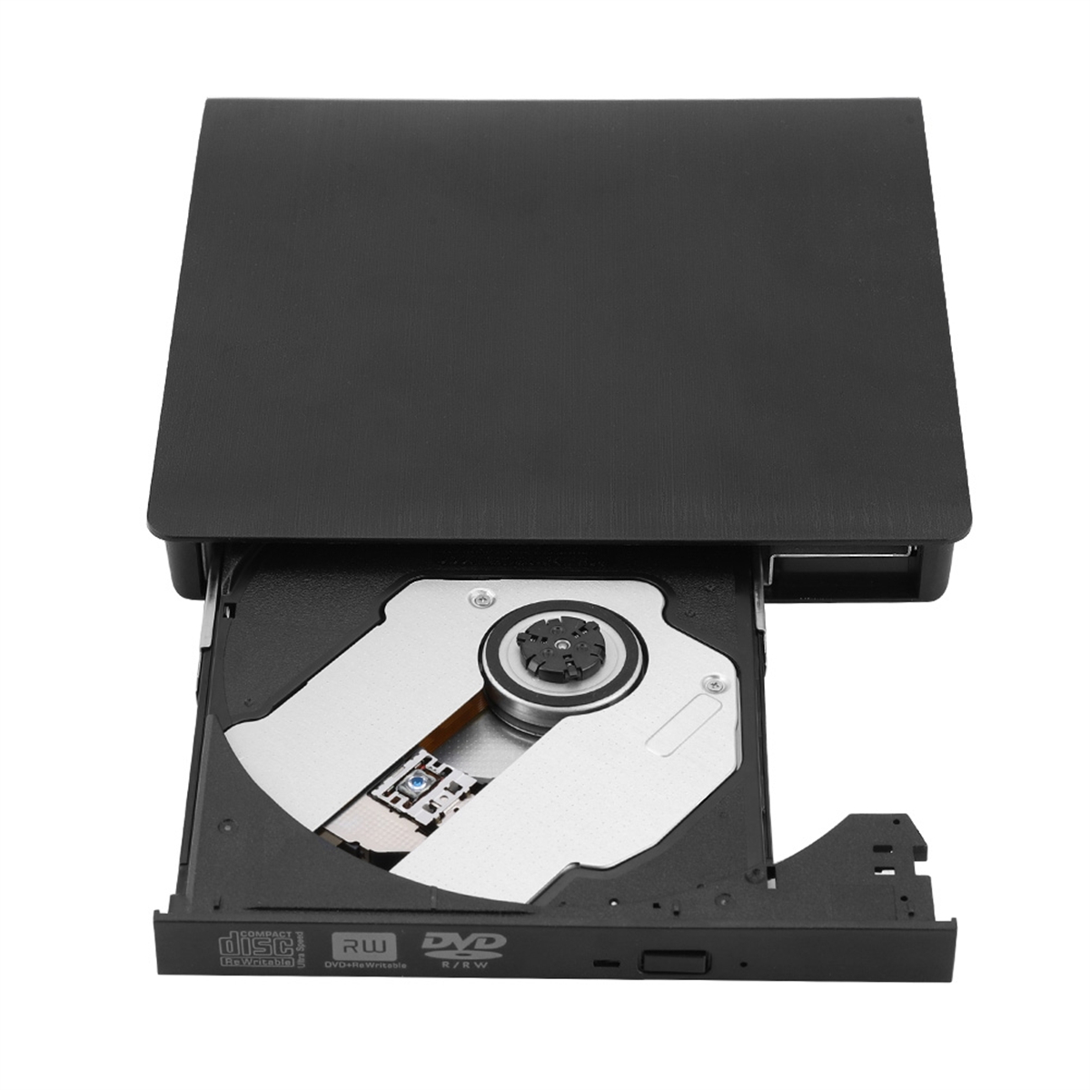 Schwarzes DVD-Laufwerk mit geöffnetem Fach, das die inneren Komponenten zeigt.
