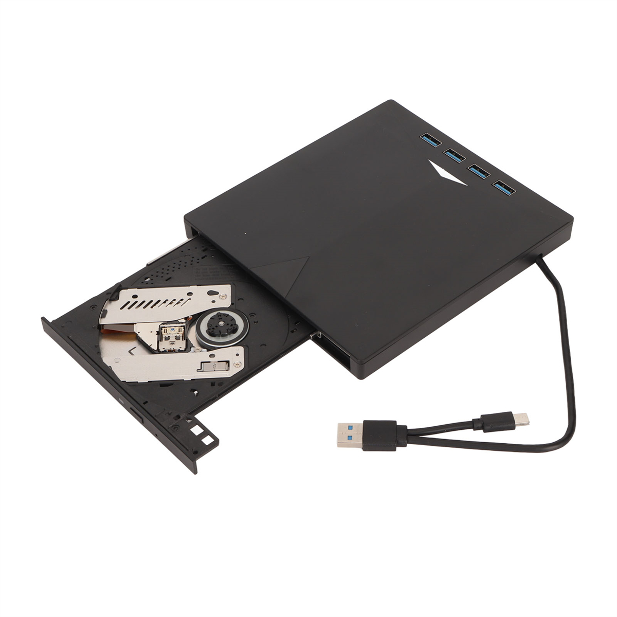 Schwarzes externes CD/DVD-Laufwerk mit offenem Fach und USB-Kabel. Auf weißem Untergrund.