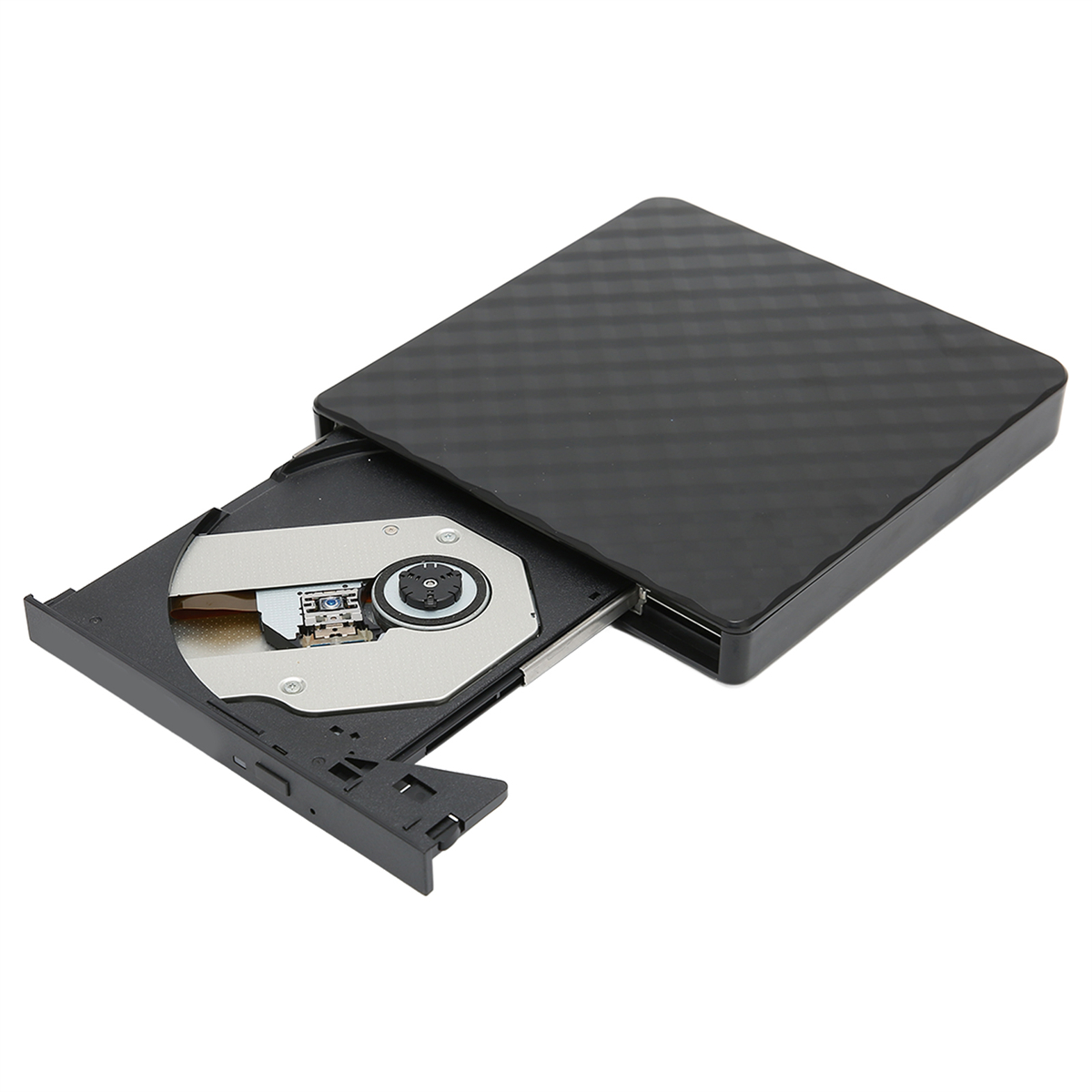 Schwarzes DVD-Laufwerk, Fach offen, zeigt das Disc-Fach und die internen Komponenten, aus einem Winkel.