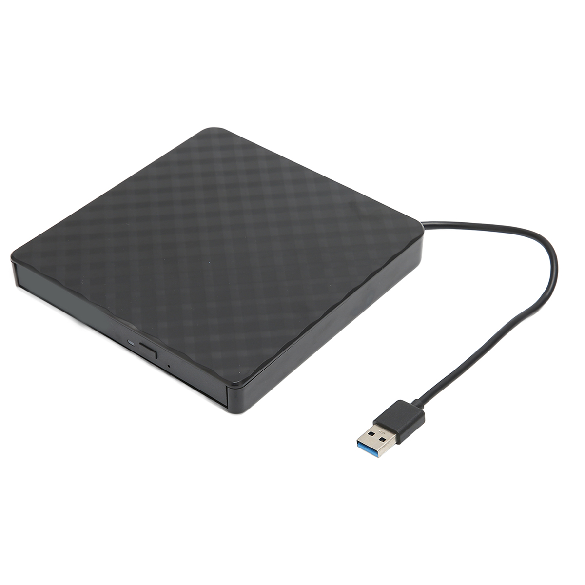 Schwarzes quadratisches DVD-Laufwerk mit schwarzem USB-Kabel. Weißer Hintergrund.