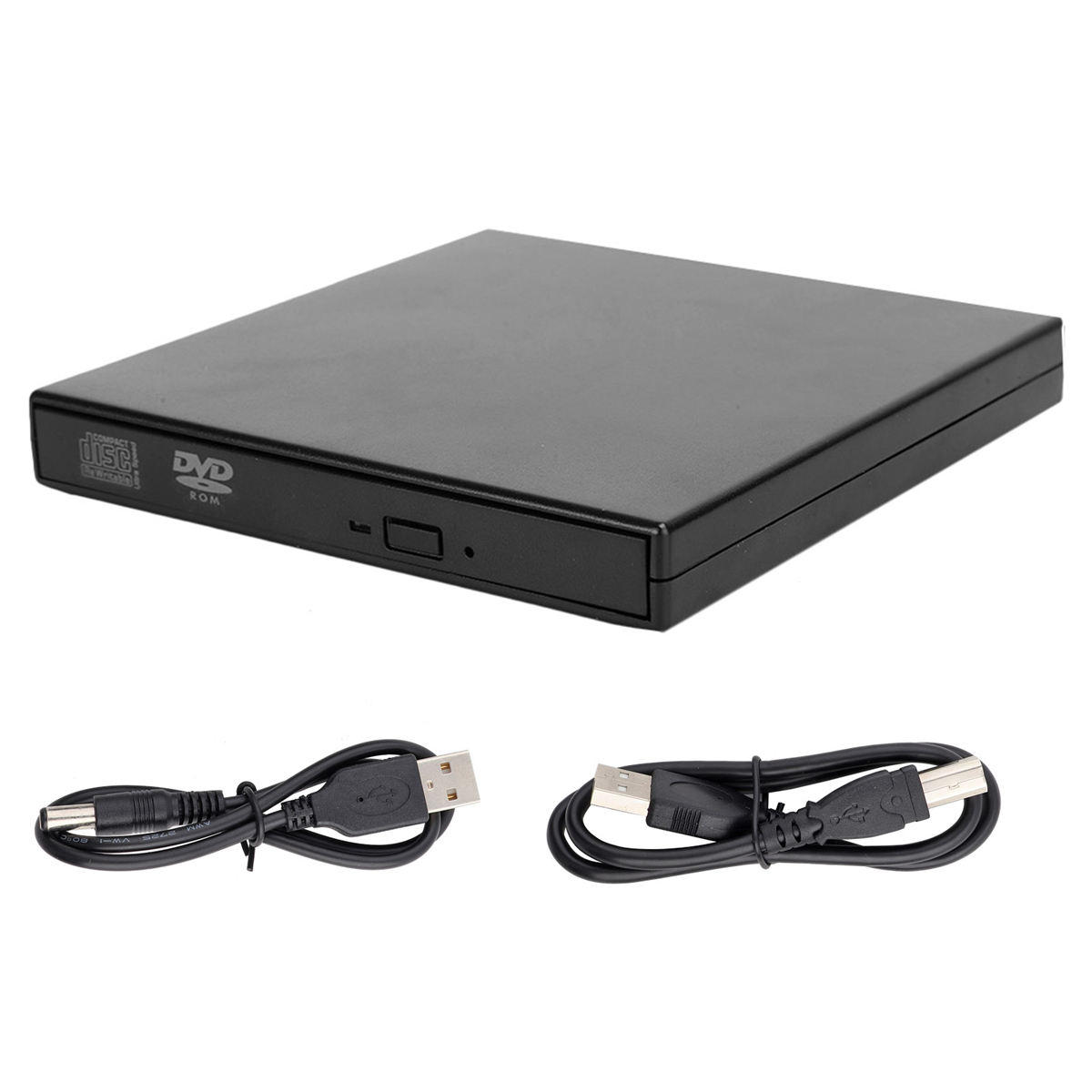 Schwarzes DVD-Laufwerk mit USB-Kabeln auf weißem Hintergrund.