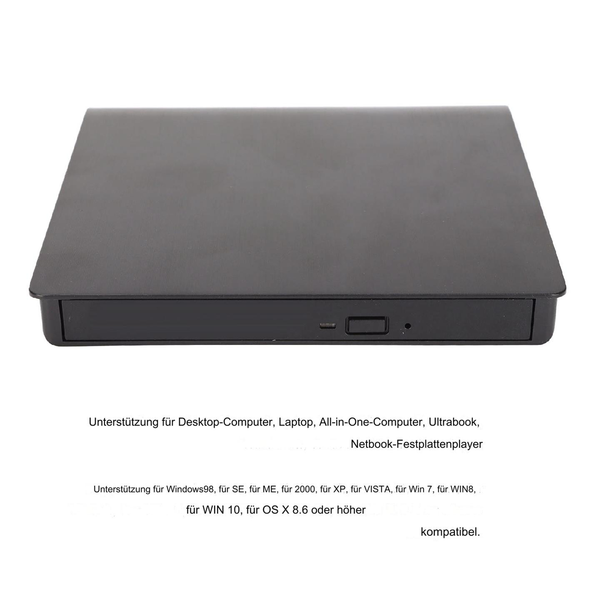Schwarzes externes DVD-Laufwerk mit unterstützenden Informationen, geeignet für Desktop und Laptops.