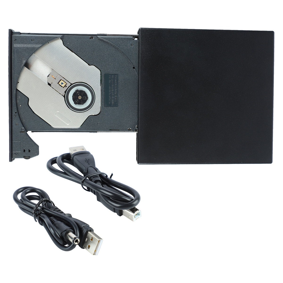 Geöffnetes DVD-Laufwerk mit zwei USB-Kabeln. Das Innere zeigt einen Mechanismus zum Lesen von Discs.