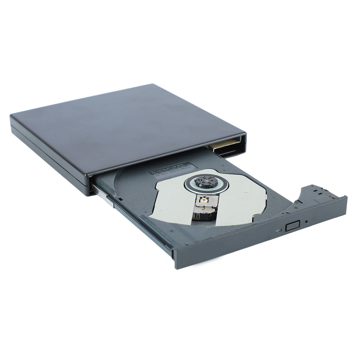 Schwarzes externes DVD-Laufwerk mit offenem Fach, das den Laufwerksmechanismus und die CD zeigt.