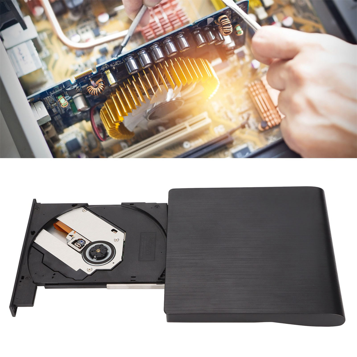 Hände, die an einer Computer-Leiterplatte arbeiten, darunter ein CD-Laufwerk, auf weißem Hintergrund.
