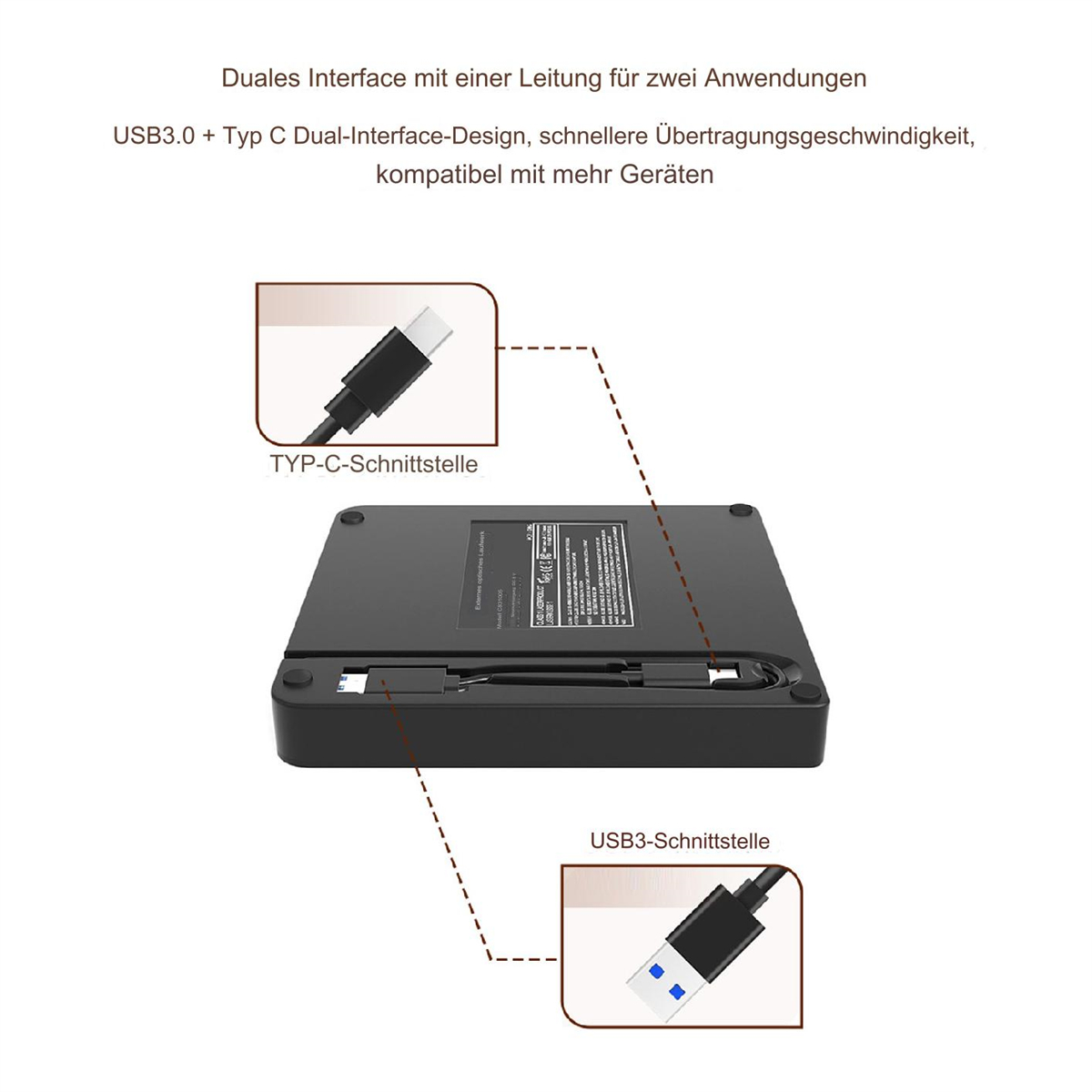 Schwarzes Gerät mit Anschlüssen und Beschriftungen, verbunden mit einem USB-Kabel. Weißer Hintergrund.