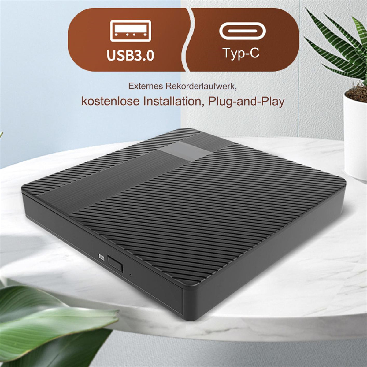 Schwarze externe Festplatte auf einem Tisch. Es hat USB 3.0 und Typ-C-Anschlüsse.