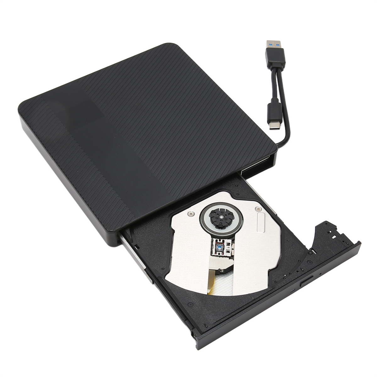 Schwarzes externes CD/DVD-Laufwerk mit offenem Fach. Ein USB-Kabel ist angeschlossen.