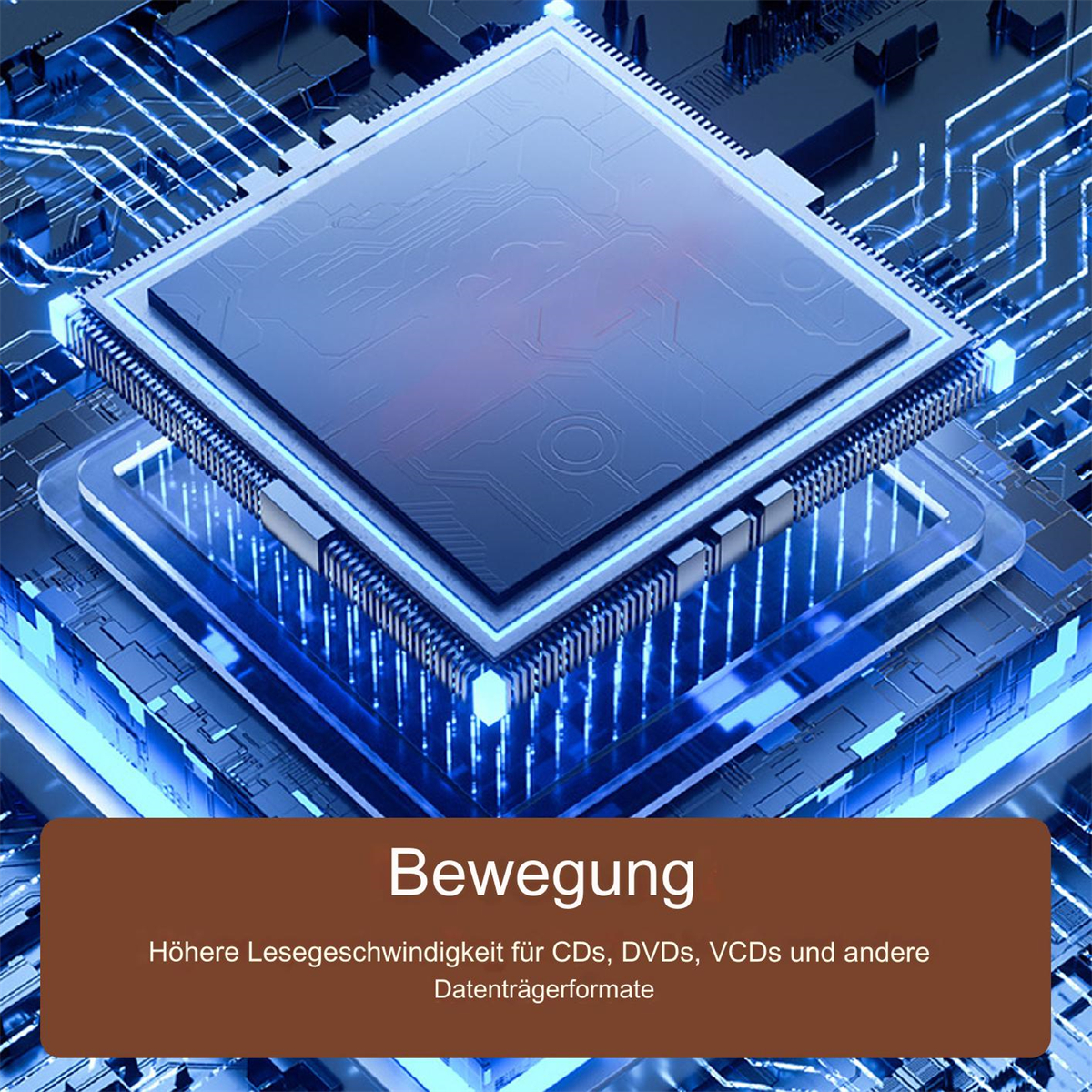 Nahaufnahme eines Computerchips mit blauen Linien. Text deutet auf schnellere Lesegeschwindigkeiten hin.