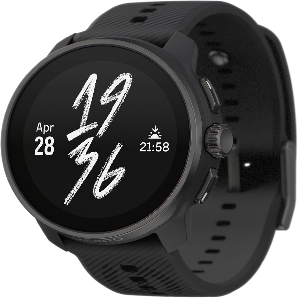 Schwarze Smartwatch mit digitaler Anzeige von Datum und Uhrzeit, schwarzes Armband.