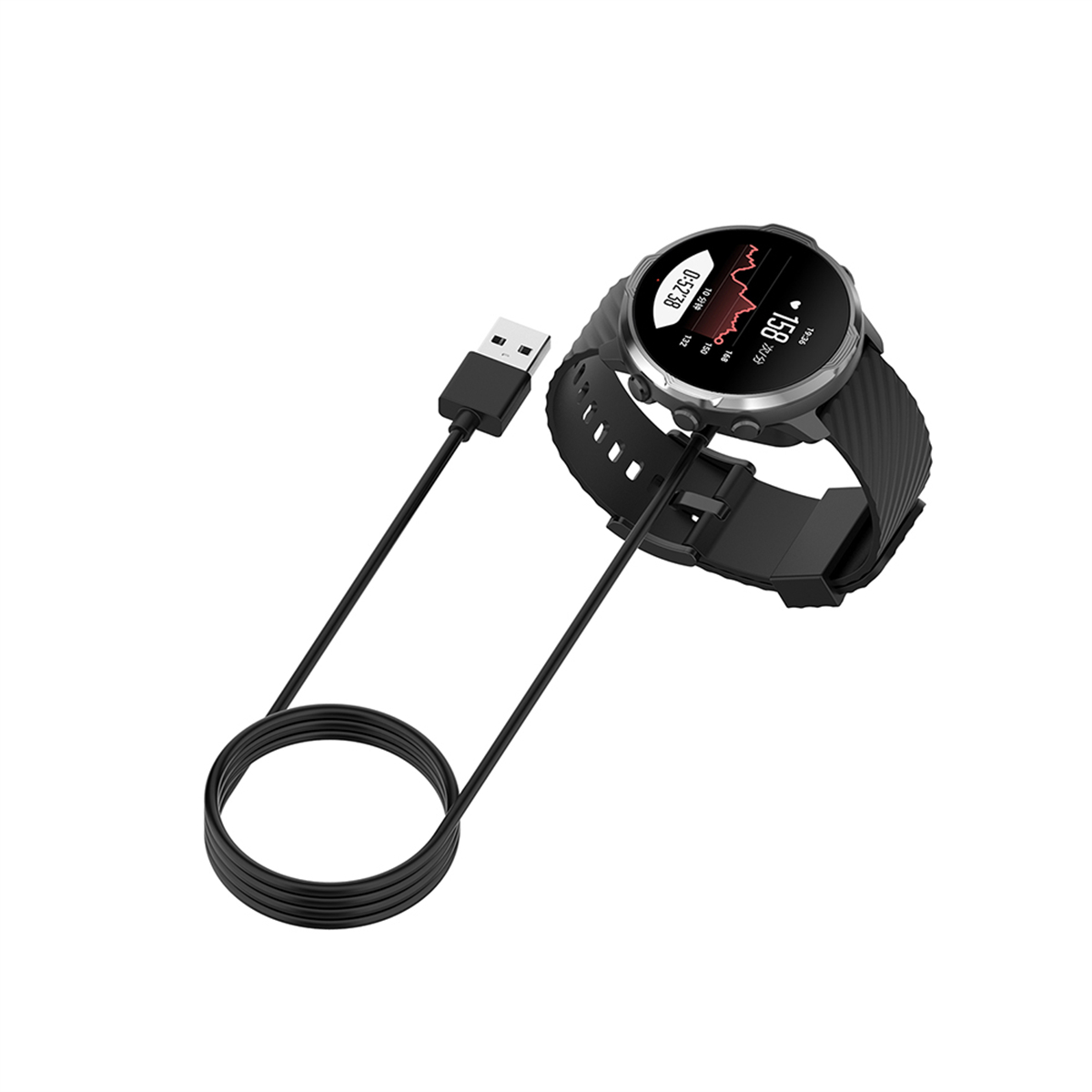 Schwarze Smartwatch mit angeschlossenem schwarzem Ladekabel. Uhr zeigt Daten und Zeit an.