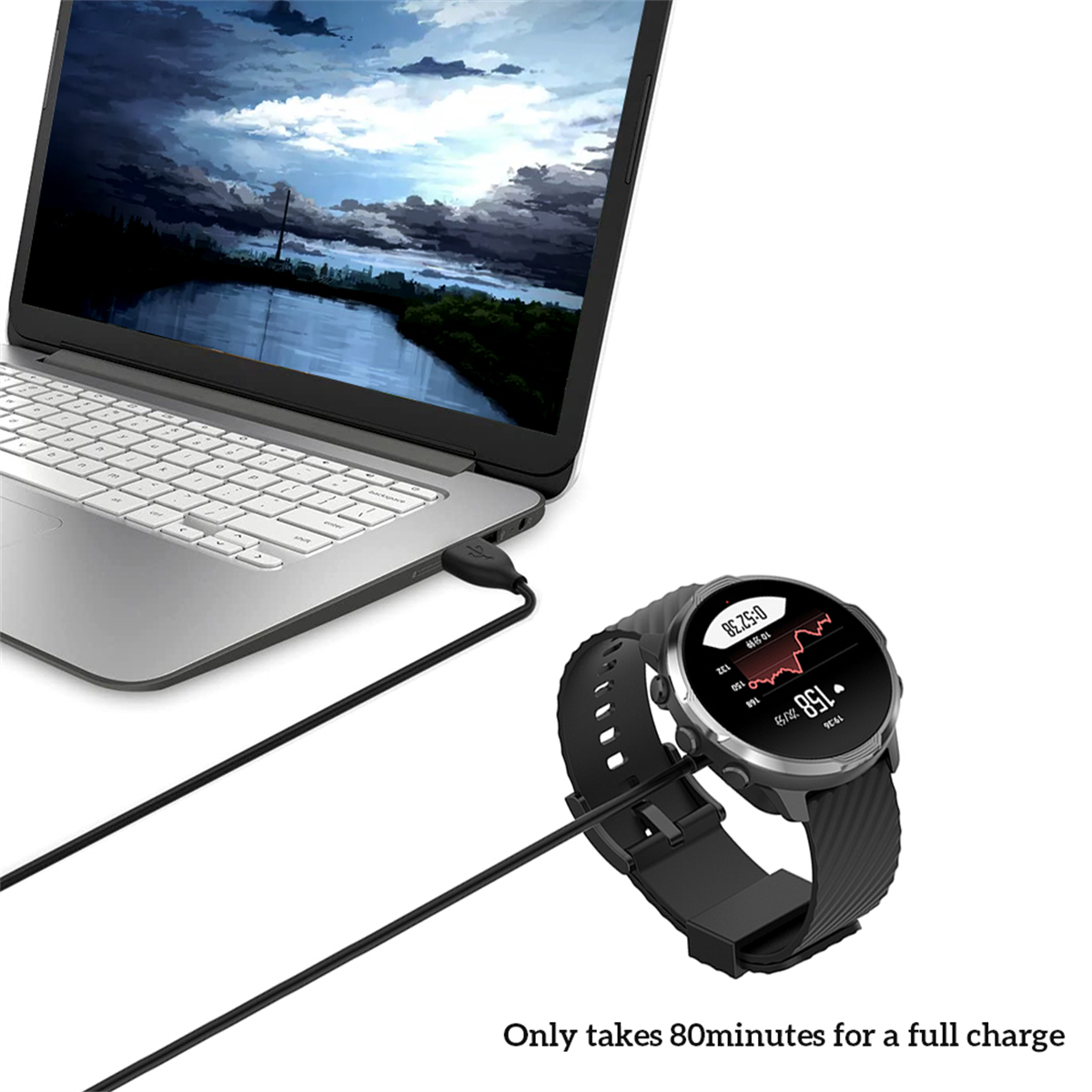 Ein Laptop, der eine Smartwatch auflädt. Die Smartwatch zeigt ein Herzfrequenzdiagramm und den Akkustand.