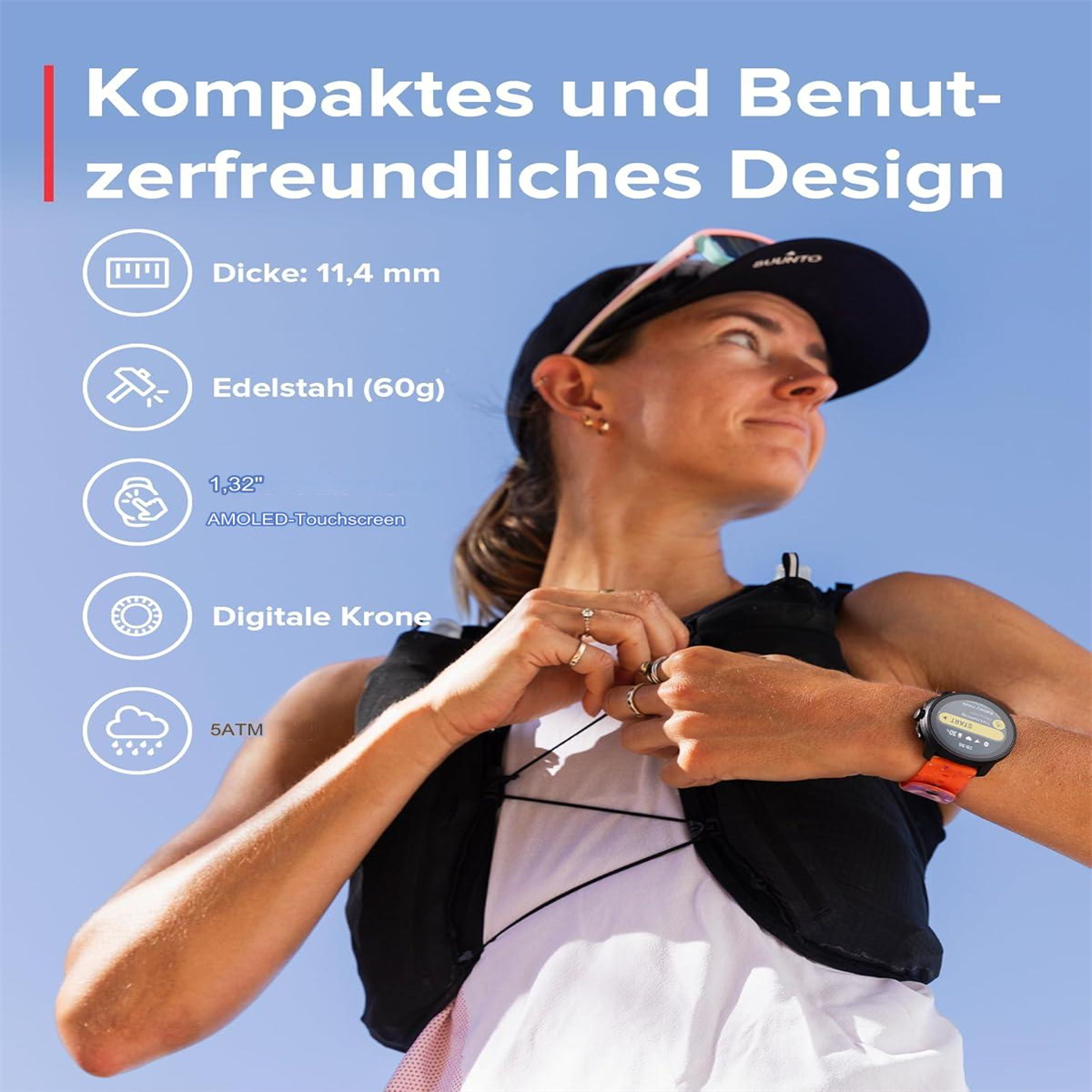 Frau mit Smartwatch, mit Details zur Uhr. Inklusive digitaler Krone und AMOLED-Bildschirm.