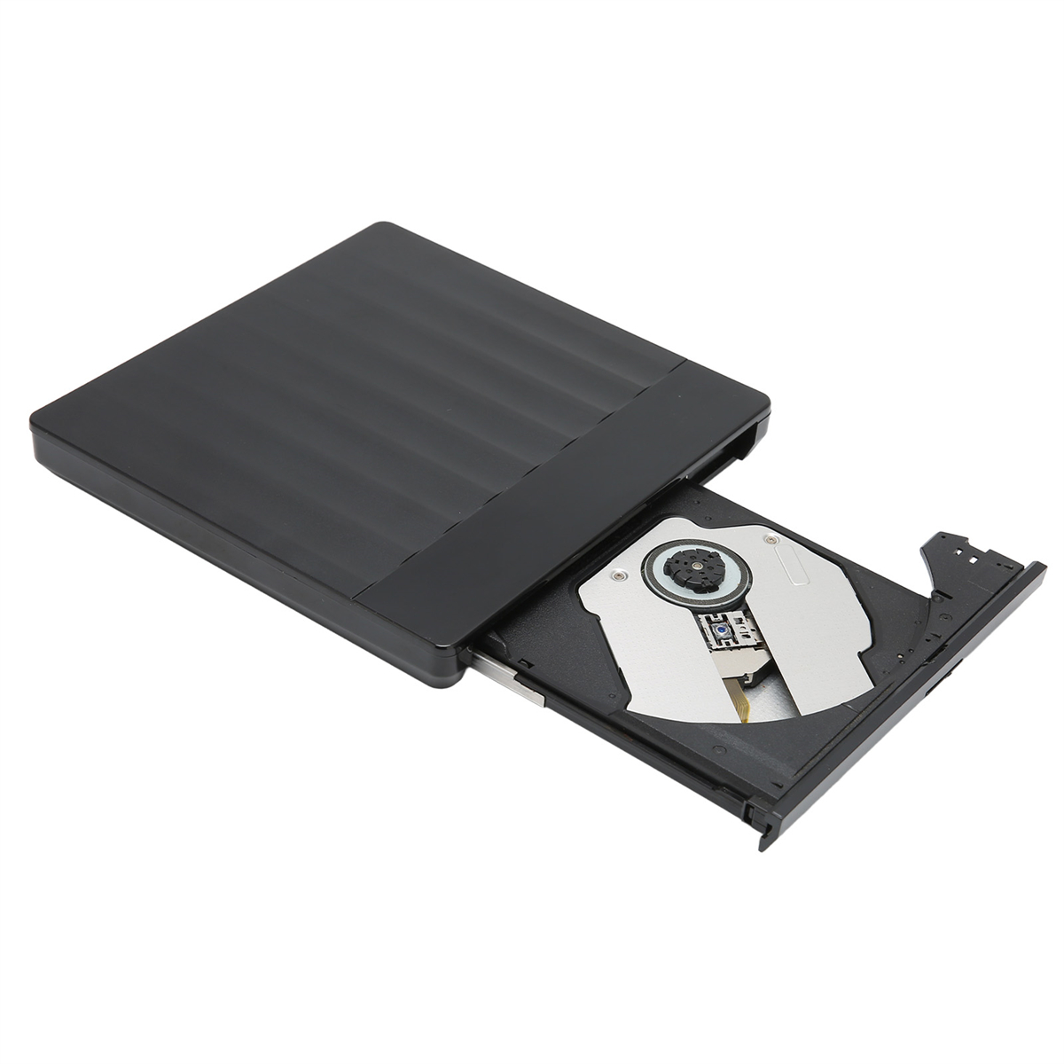 Ein offenes schwarzes CD/DVD-Laufwerk. Das Fach ist geöffnet, eine Disc liegt darin. Das Gehäuse ist schwarz.