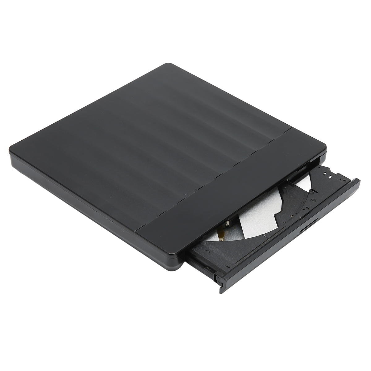 Schwarzer, quadratischer DVD-Player mit teilweise geöffnetem Fach.