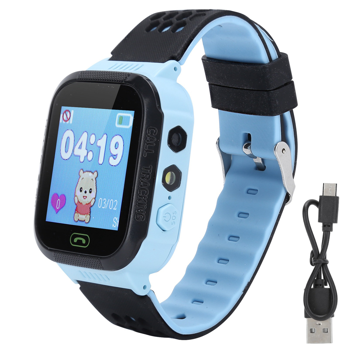 Blaue und schwarze Smartwatch mit einem Bildschirm, der Zeit und Symbole anzeigt. Ein Ladekabel liegt daneben.