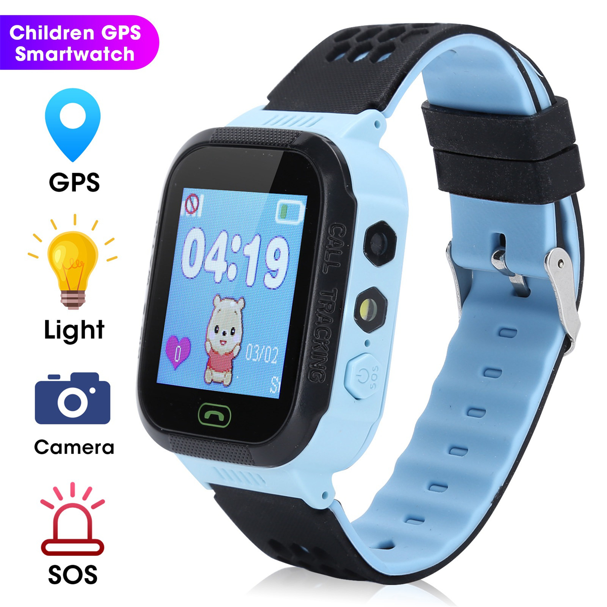 Eine blaue Kinder-Smartwatch mit GPS, Licht, Kamera und SOS-Funktionen.