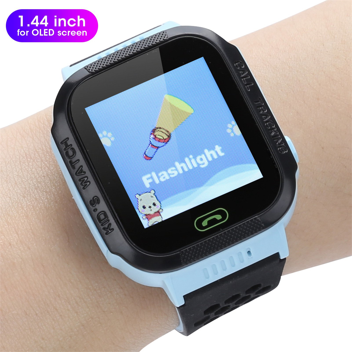 Eine blau-schwarze Smartwatch, die eine Taschenlampen-App an einem Handgelenk anzeigt.