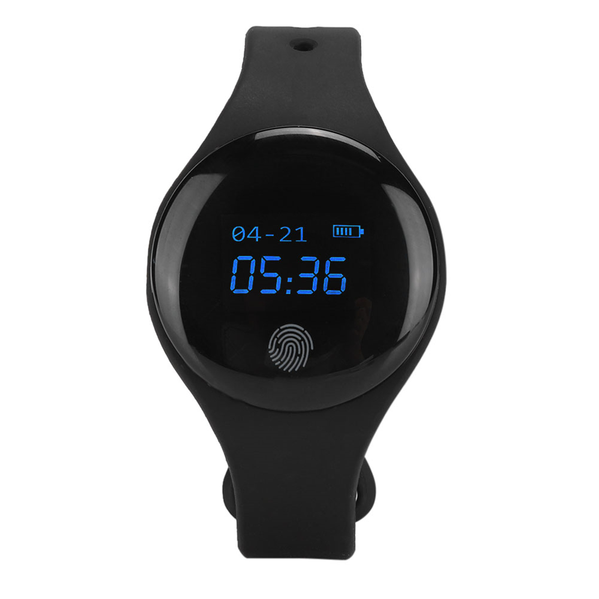 Schwarze Smartwatch mit Bildschirm, der Datum, Uhrzeit und Akkuladestand anzeigt.