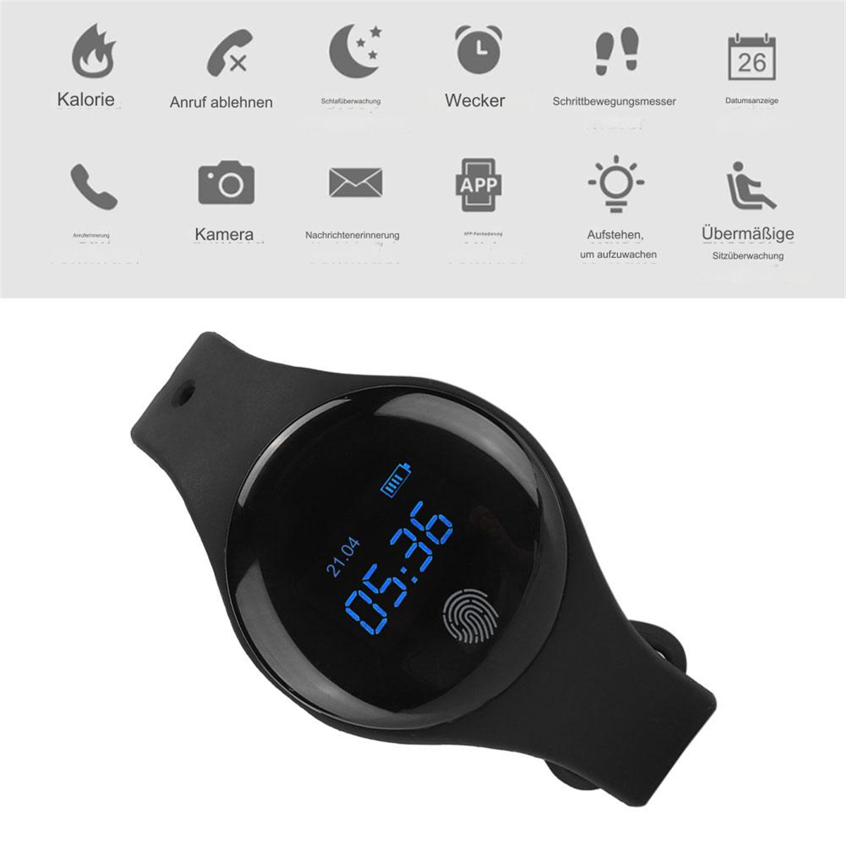 Eine schwarze Smartwatch mit blauem Bildschirm, der die Zeit und ein Fingerabdrucksymbol anzeigt.