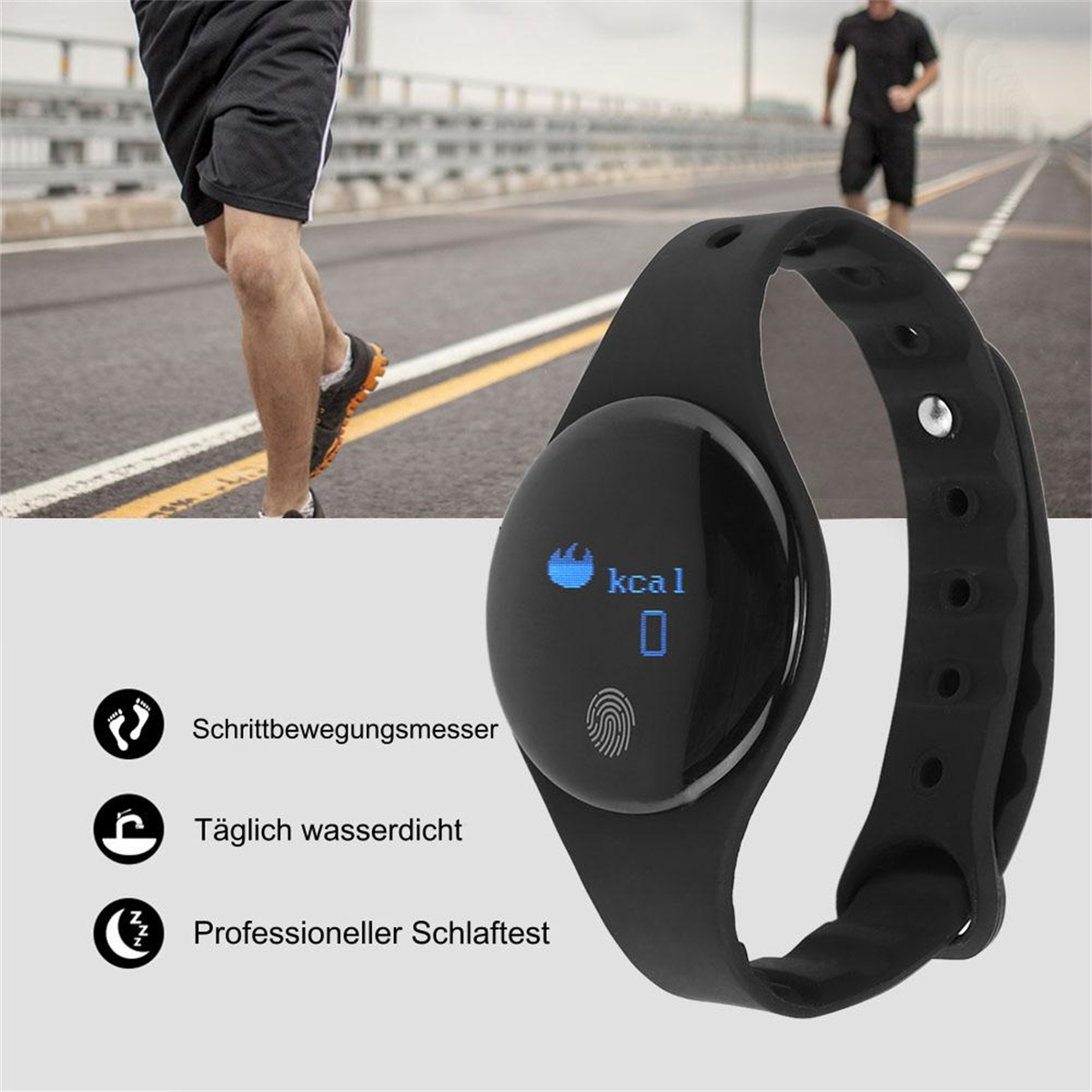 Schwarze Smartwatch mit blauem Display, das kcal anzeigt, und ein Läufer im Hintergrund auf einer Straße.