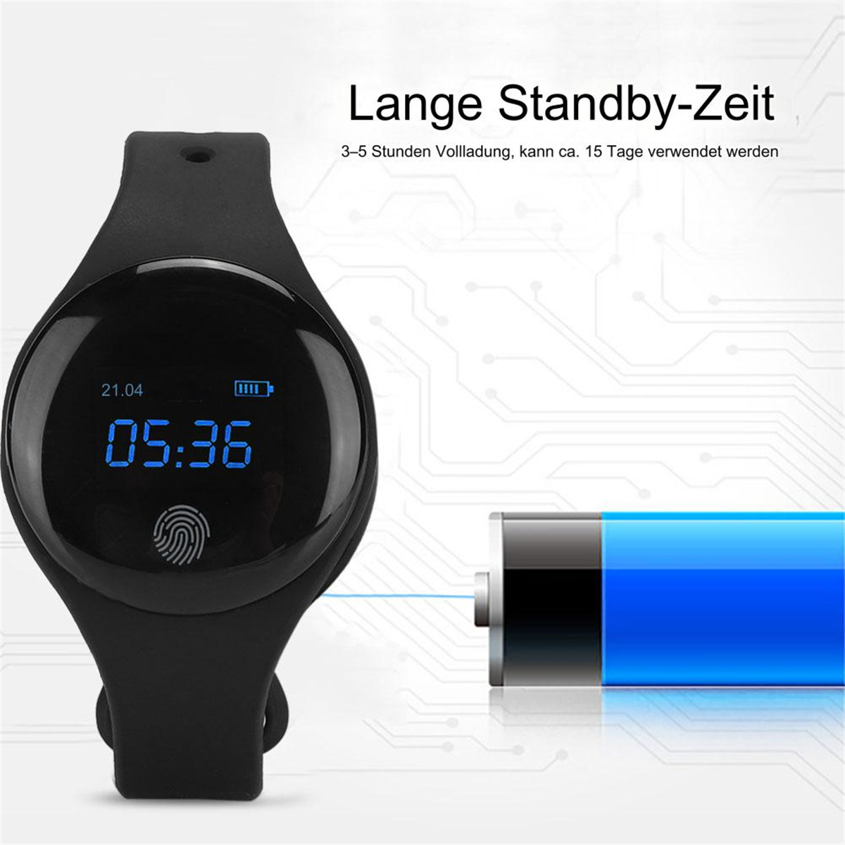 Schwarze Smartwatch, die Zeit und Akkustatus anzeigt, mit einem Fingerabdrucksymbol auf dem Bildschirm.