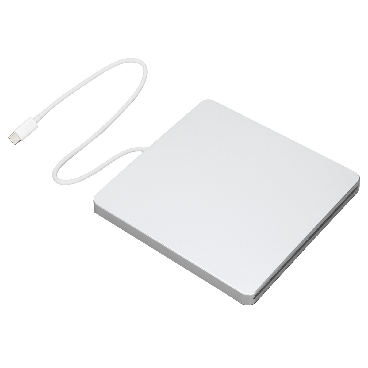 Ein weißes externes CD/DVD-Laufwerk mit weißem Kabel. Es liegt auf einer weißen Oberfläche.