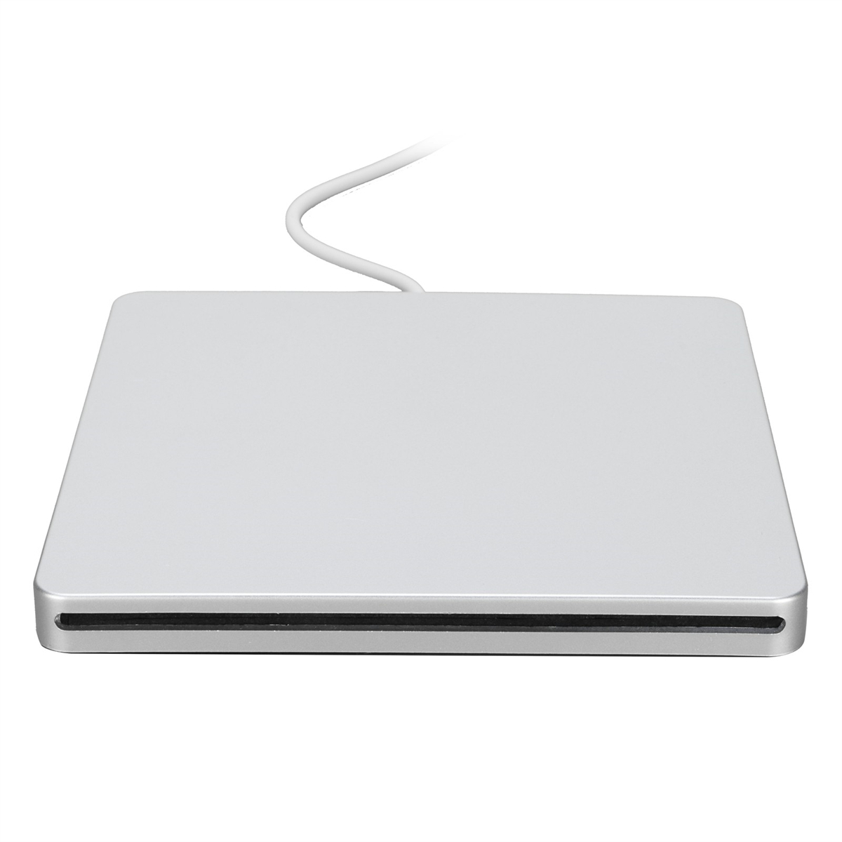 Silbernes externes CD-Laufwerk mit weißem Kabel, vor weißem Hintergrund.
