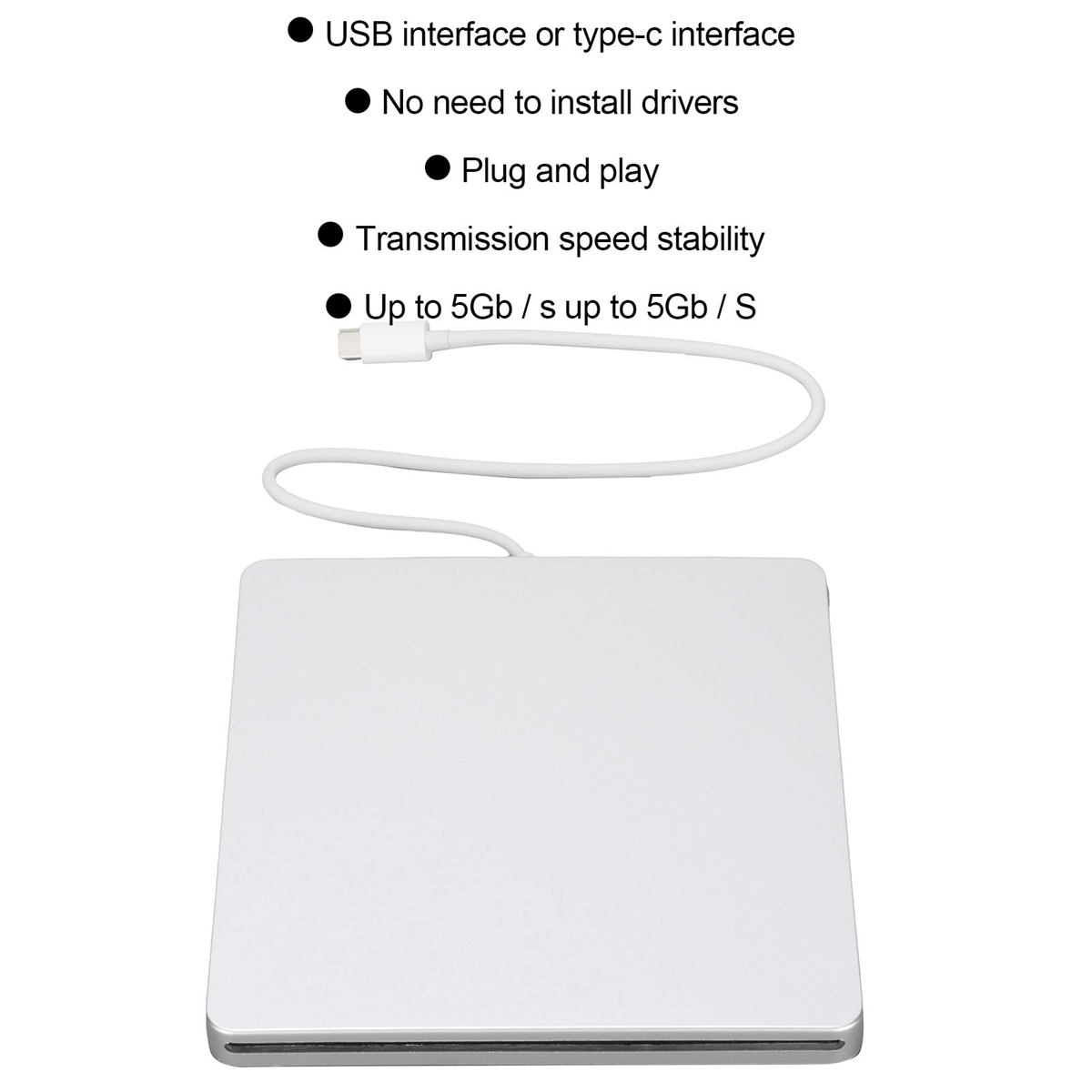 Ein silbernes quadratisches Gerät mit weißem Kabel, begleitet von beschreibendem Text.