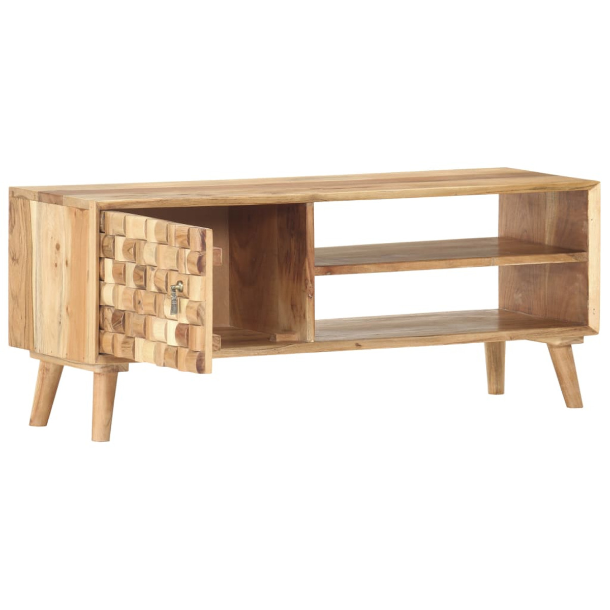 TV-Ständer aus Holz mit offener Tür. Zwei Regale. Holzbeine. Weißer Hintergrund.