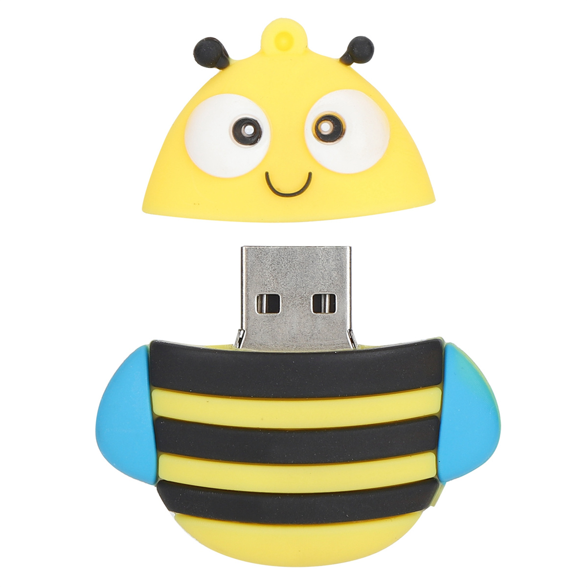USB-Stick in Form einer Biene. Er ist gelb und schwarz mit blauen Akzenten.