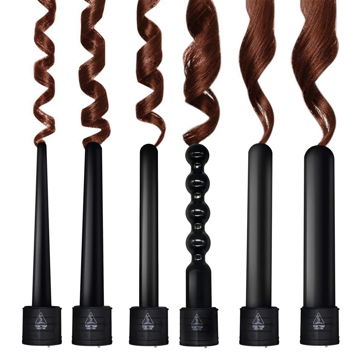 Sechs schwarze Lockenstäbe mit unterschiedlichen Lauf-Formen, jeweils mit einer Strähne braunem Haar.