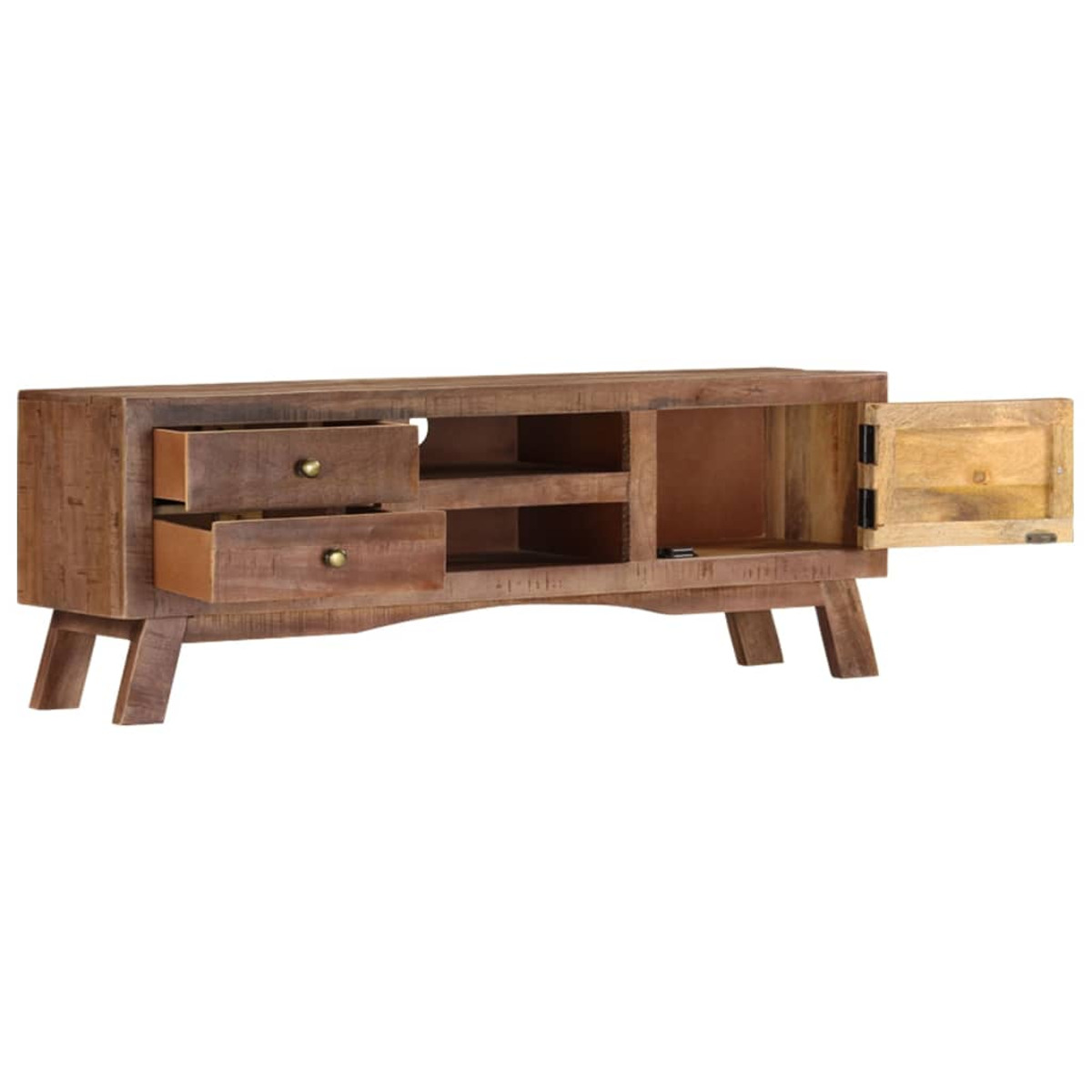 Ein TV-Ständer aus Holz mit Schubladen und offenen Regalen, mit offener Tür.